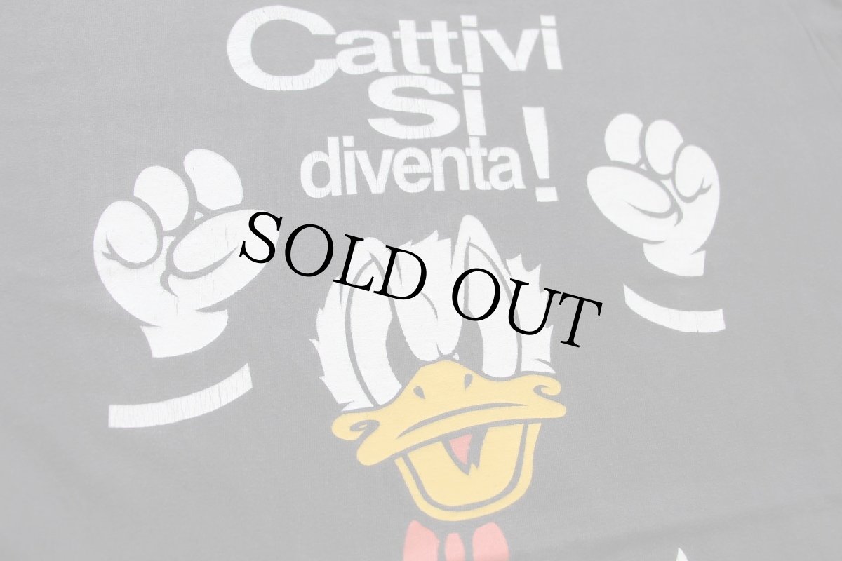 画像5: 90s Disneyディズニー ドナルドダック Cattivi Si diventa! Buoni Si nasce. 両面プリント コットンTシャツ 黒 (5)