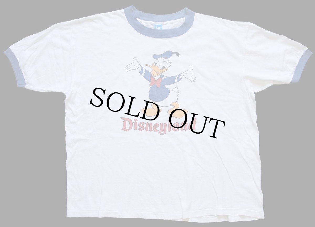 画像2: 80s USA製 Disneyディズニー Disneylandディズニーランド ドナルドダック ショート丈 コットン リンガーTシャツ 白×青 XL (2)