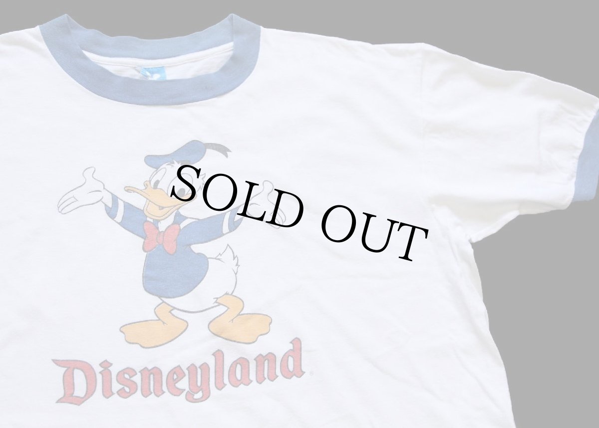 画像1: 80s USA製 Disneyディズニー Disneylandディズニーランド ドナルドダック ショート丈 コットン リンガーTシャツ 白×青 XL (1)