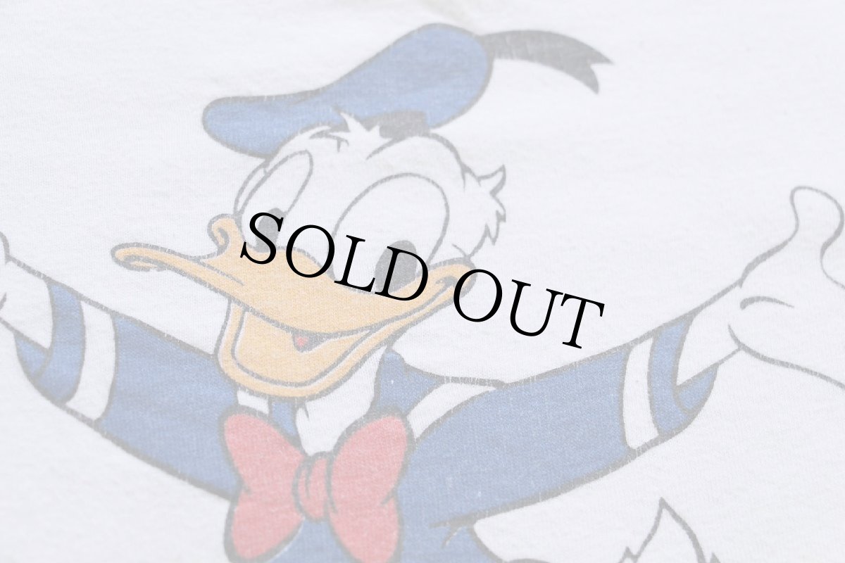 画像4: 80s USA製 Disneyディズニー Disneylandディズニーランド ドナルドダック ショート丈 コットン リンガーTシャツ 白×青 XL (4)