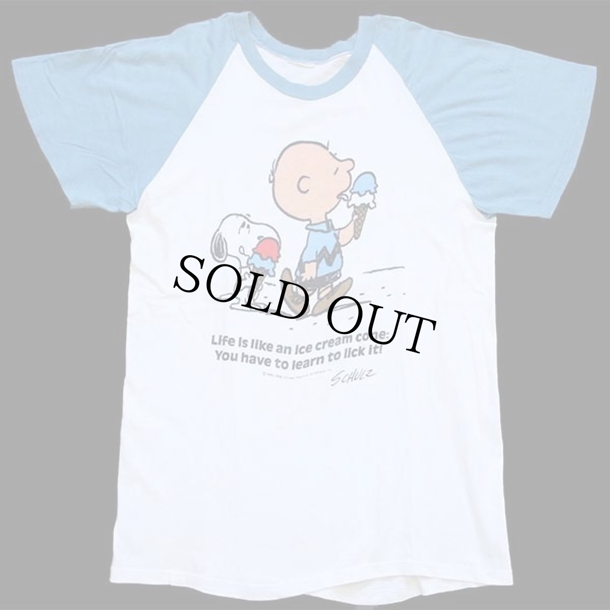 画像2: 80s スヌーピー チャーリーブラウン アイスクリーム 染み込みプリント コットン ラグランTシャツ 白×青 (2)