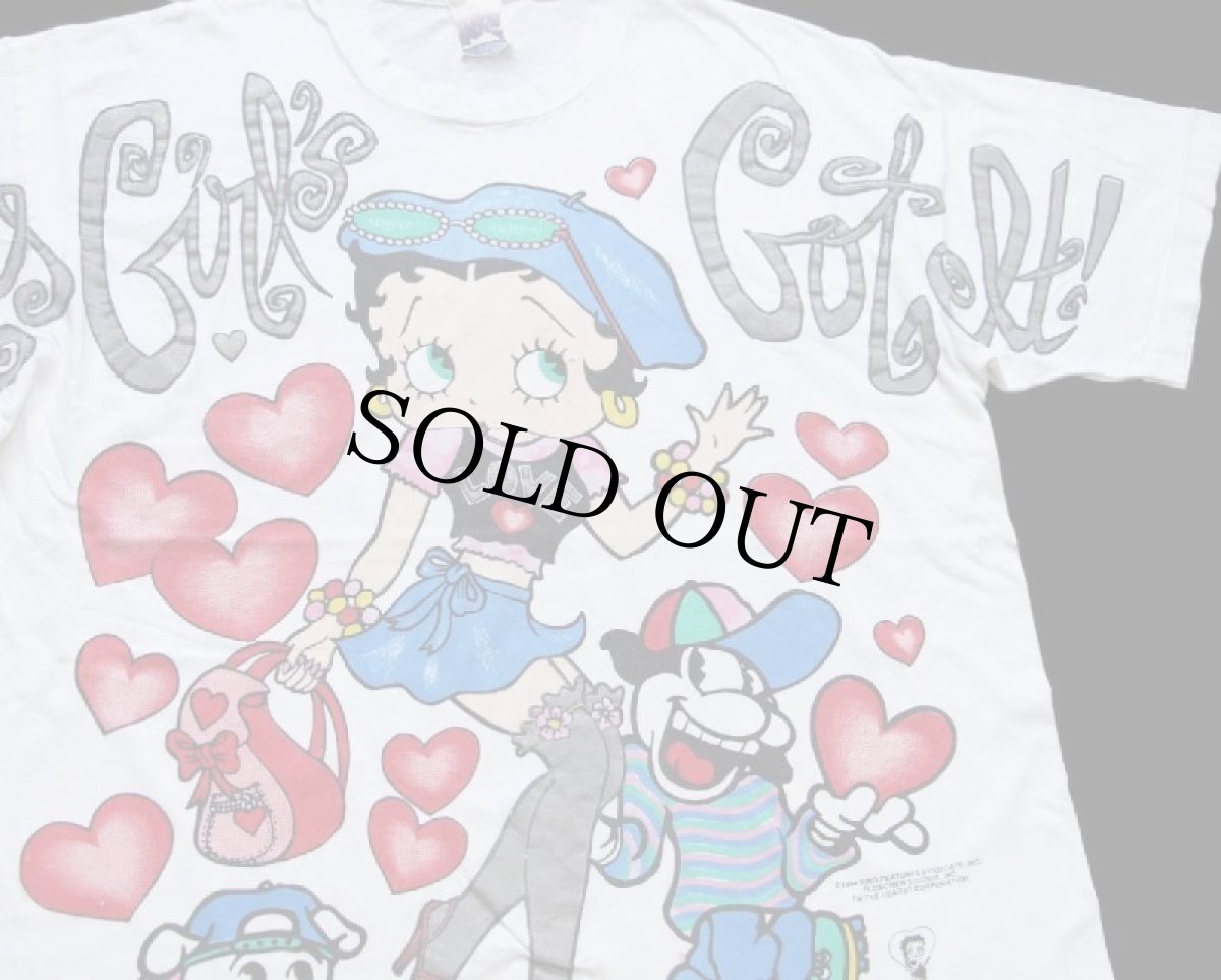 画像3: 90s USA製 BETTY BOOP ベティ ブープ This Girl's Got It! ハート 染み込み×ラメプリント コットンTシャツ ボロ 白 XL (3)