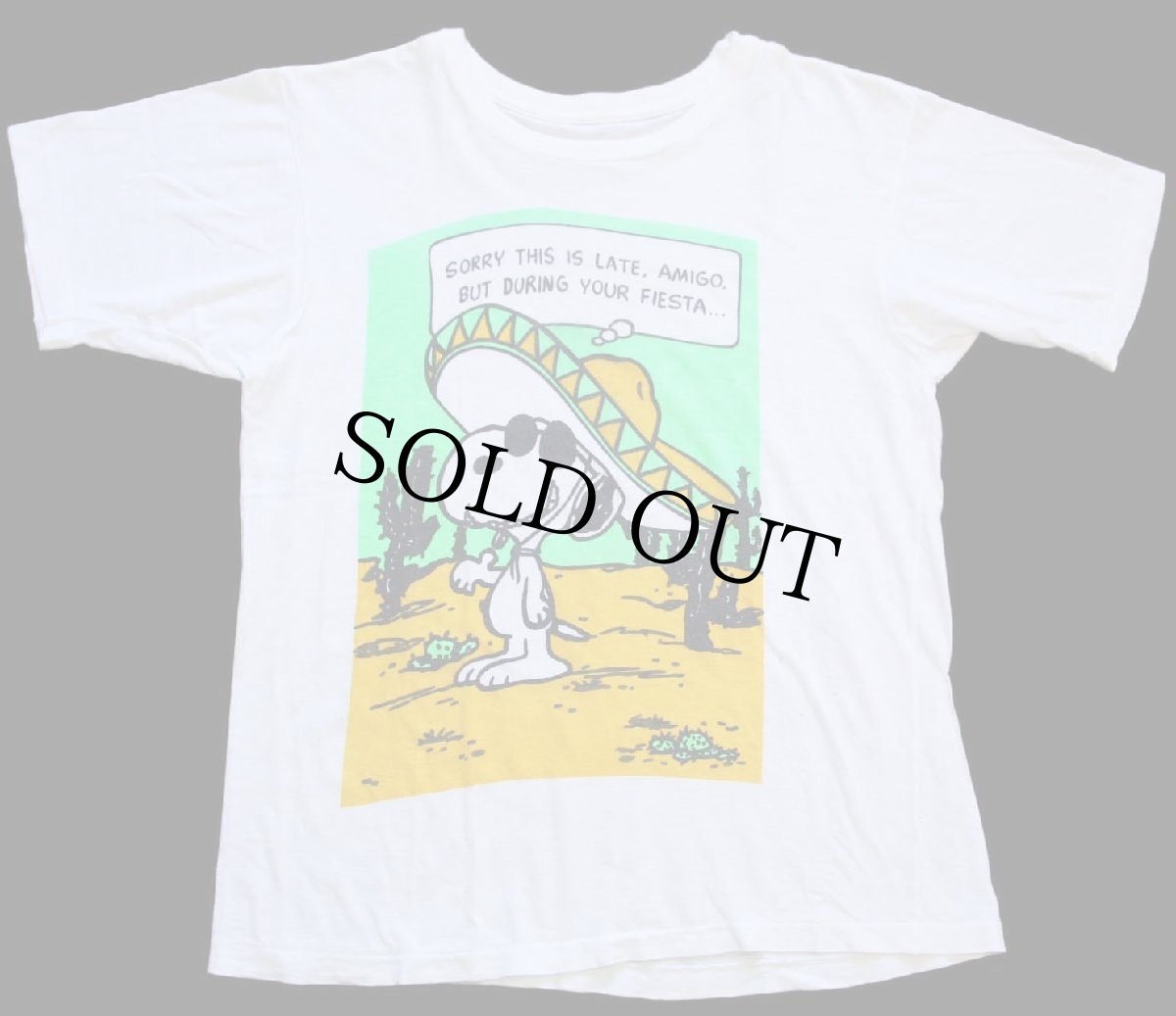 画像2: 80s スヌーピー サボテン ソンブレロ 蛍光 染み込みプリント コットンTシャツ 白 (2)