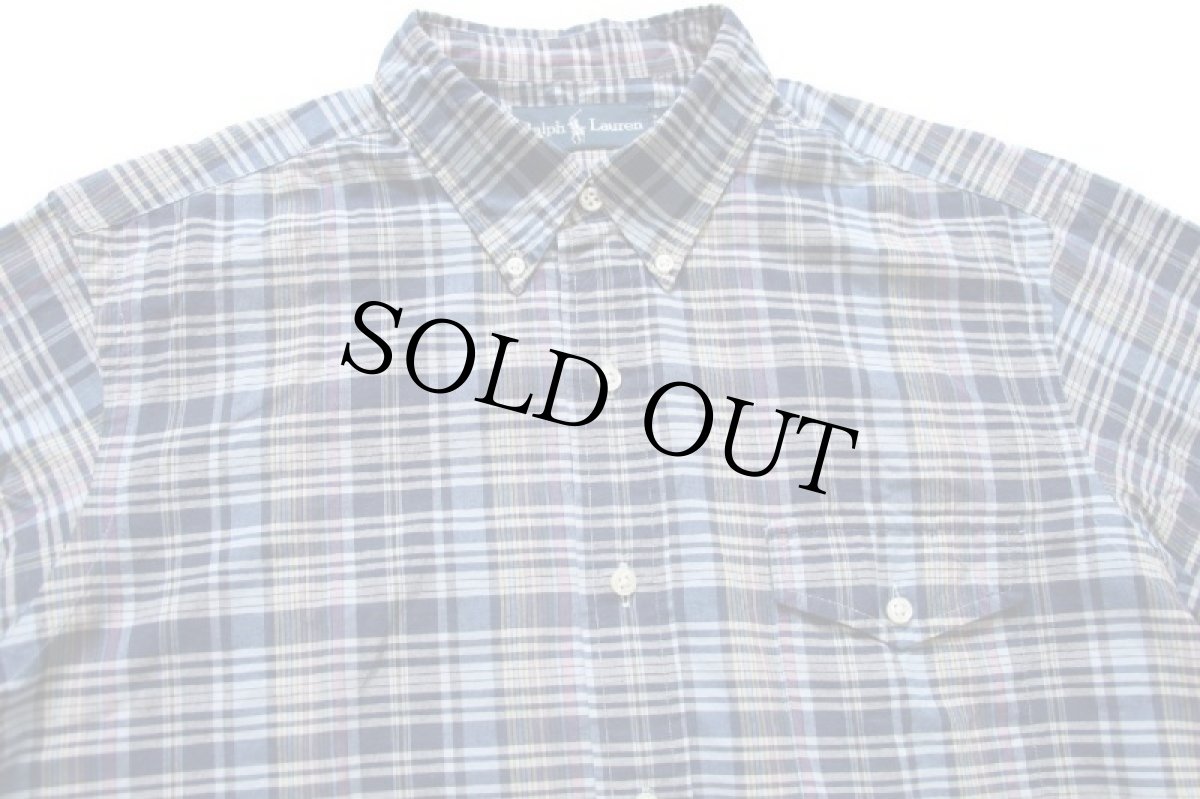 画像3: 00s ラルフローレン マドラスチェック ポケット&マチ付き 三点留め ボタンダウン コットンシャツ L★インド綿 (3)