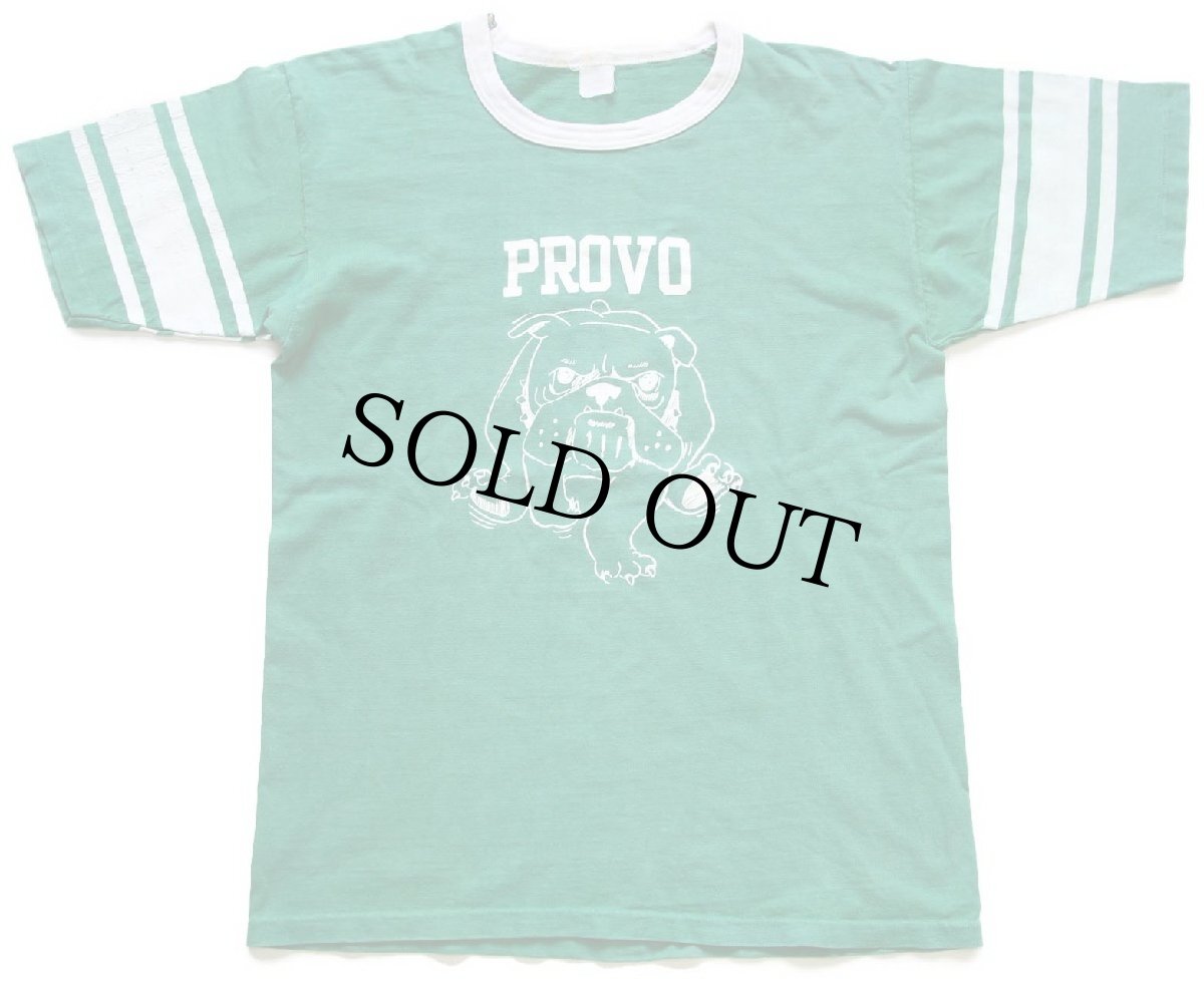 画像1: 70s PROVO ブルドッグ 両面プリント コットン フットボールTシャツ 緑 フェード (1)