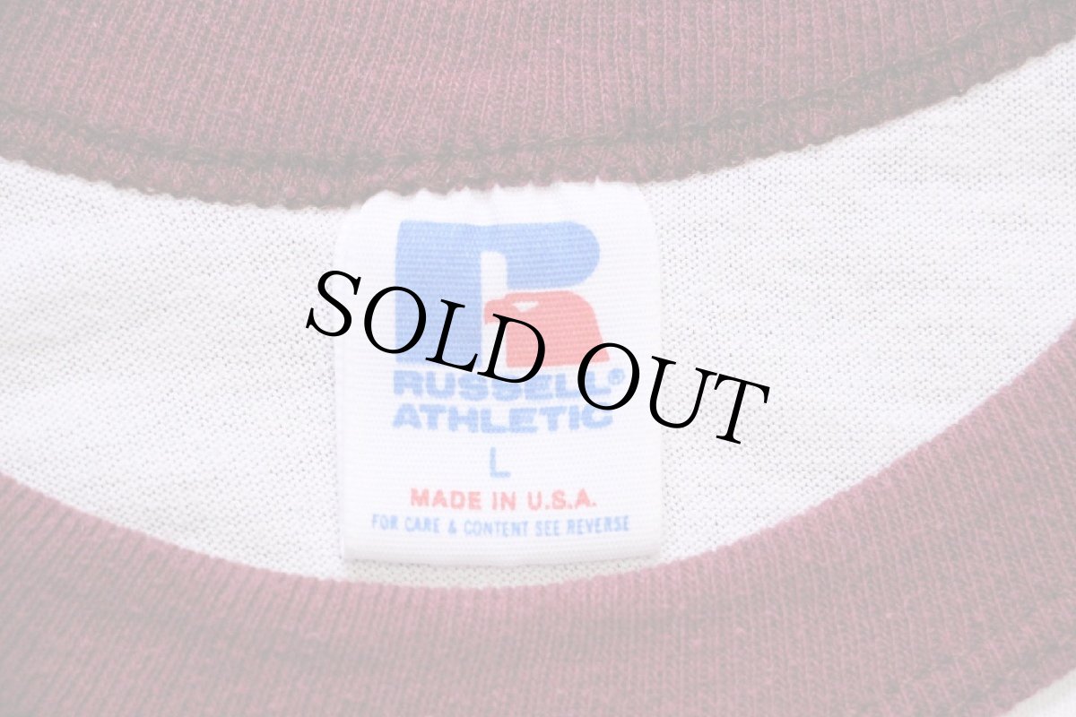 画像4: 80s USA製 RUSSELLラッセル 無地 七分袖 ラグランTシャツ 白×バーガンディ L (4)