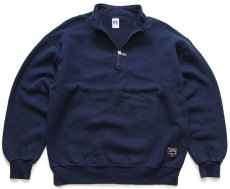 画像1: 90s USA製 RUSSELLラッセル 無地 ハイネック ハーフジップ スウェット 紺 L★ブランク (1)