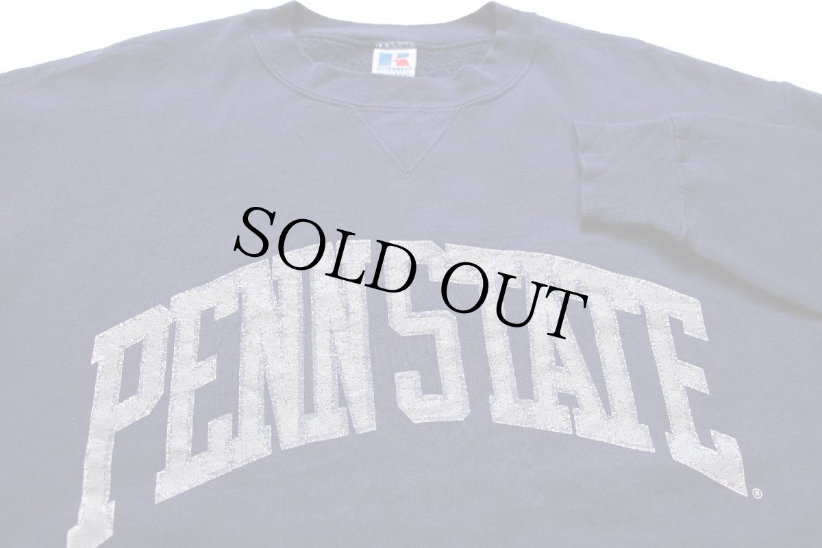 画像3: 90s USA製 RUSSELLラッセル PENN STATE ひび割れプリント 前V スウェット ペンキ飛び 紺 XL (3)