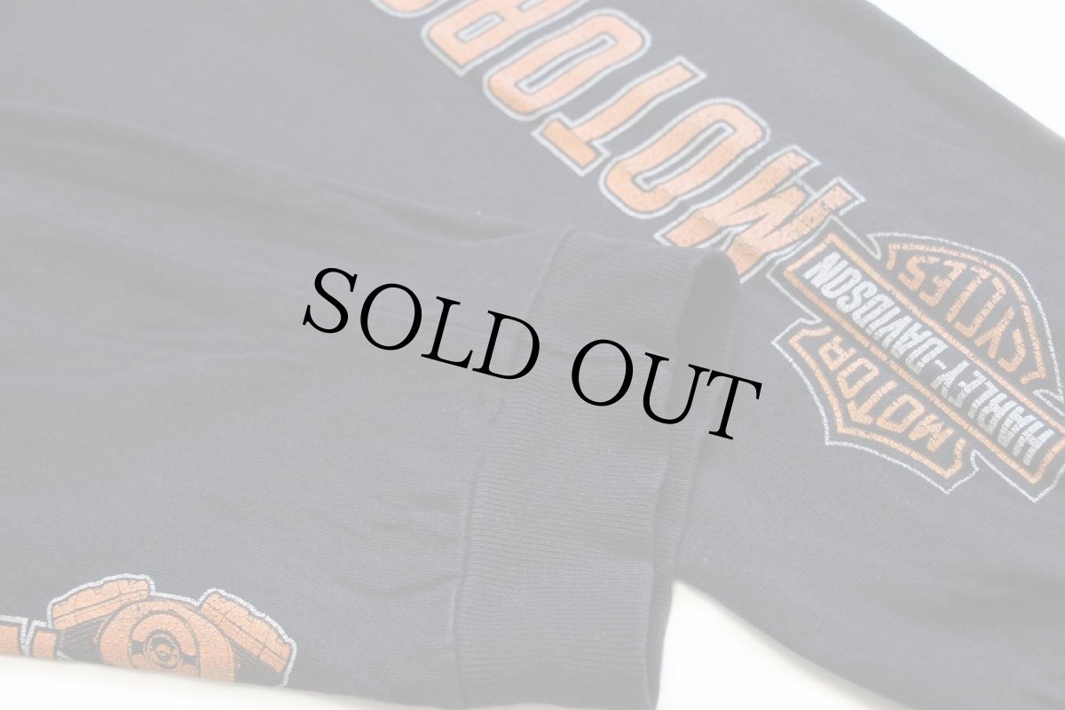 画像7: HARLEY-DAVIDSON MOTORCYCLES ハーレー ダビッドソン エンジン ロゴ BARNETT 両面&袖プリント コットン ポケット付き 長袖Tシャツ 黒 L (7)