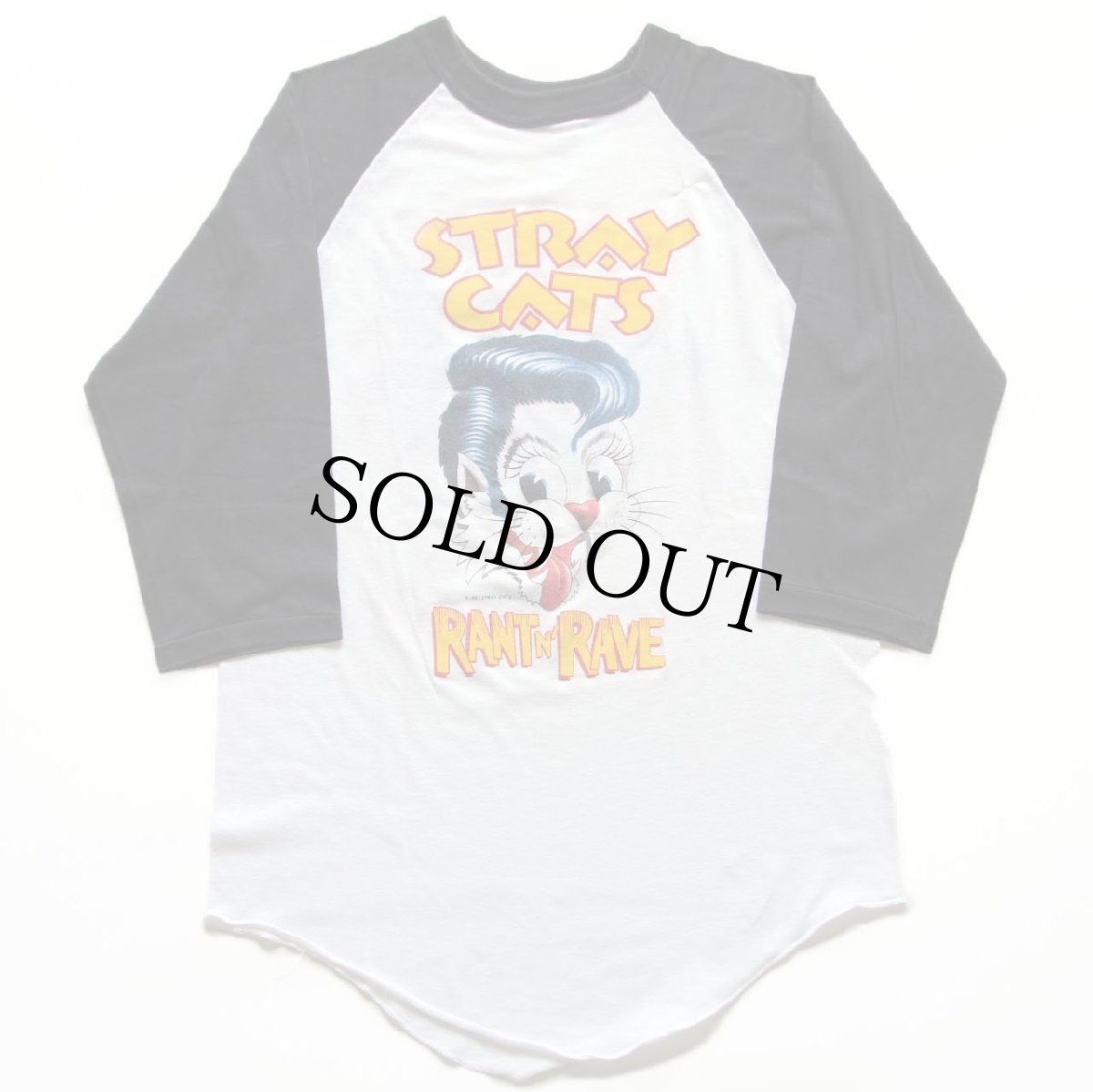 画像2: 80s USA製 STRAY CATS ストレイキャッツ 両面プリント 七分袖 ラグラン バンドTシャツ 白×黒 M (2)