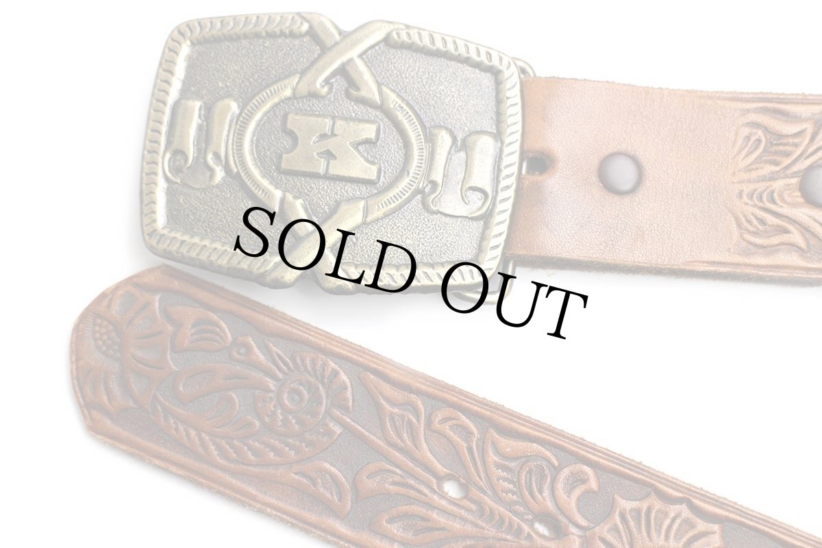 画像2: 80s oden バックル NANCY 花柄 カービング レザーベルト 茶 34 (2)