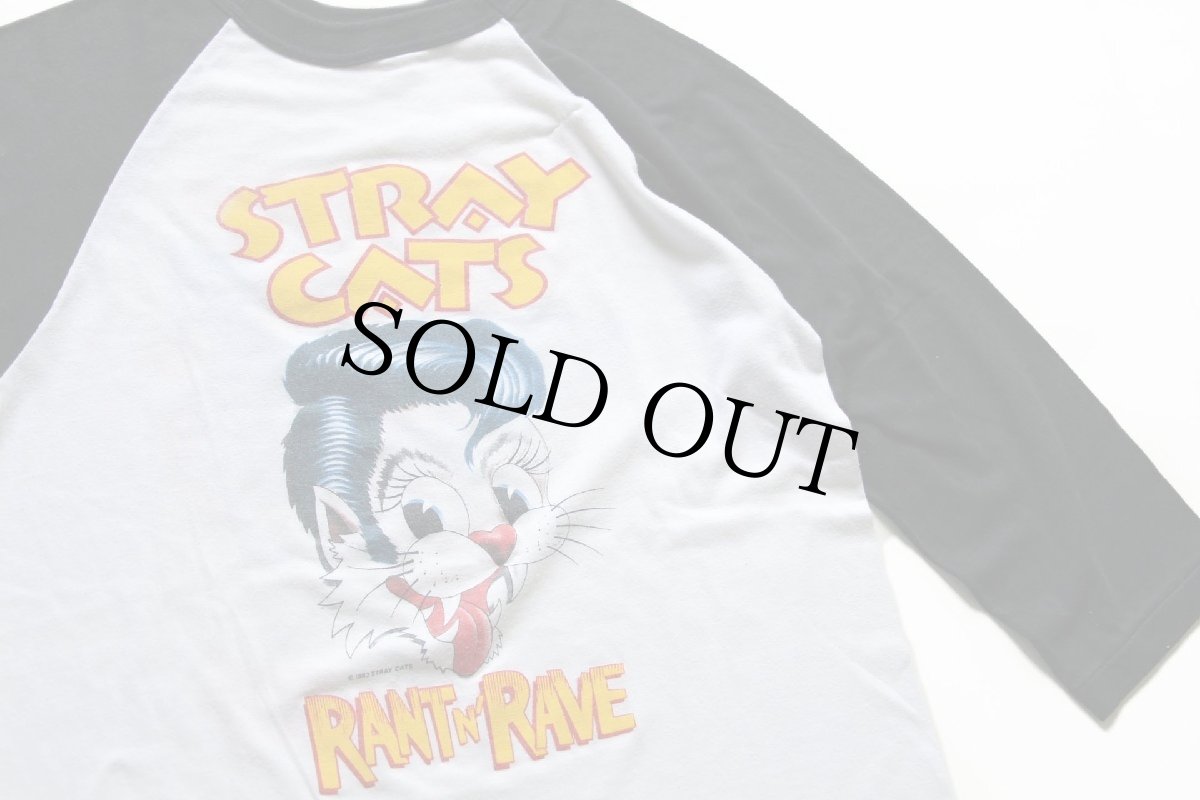 画像4: 80s USA製 STRAY CATS ストレイキャッツ 両面プリント 七分袖 ラグラン バンドTシャツ 白×黒 M (4)
