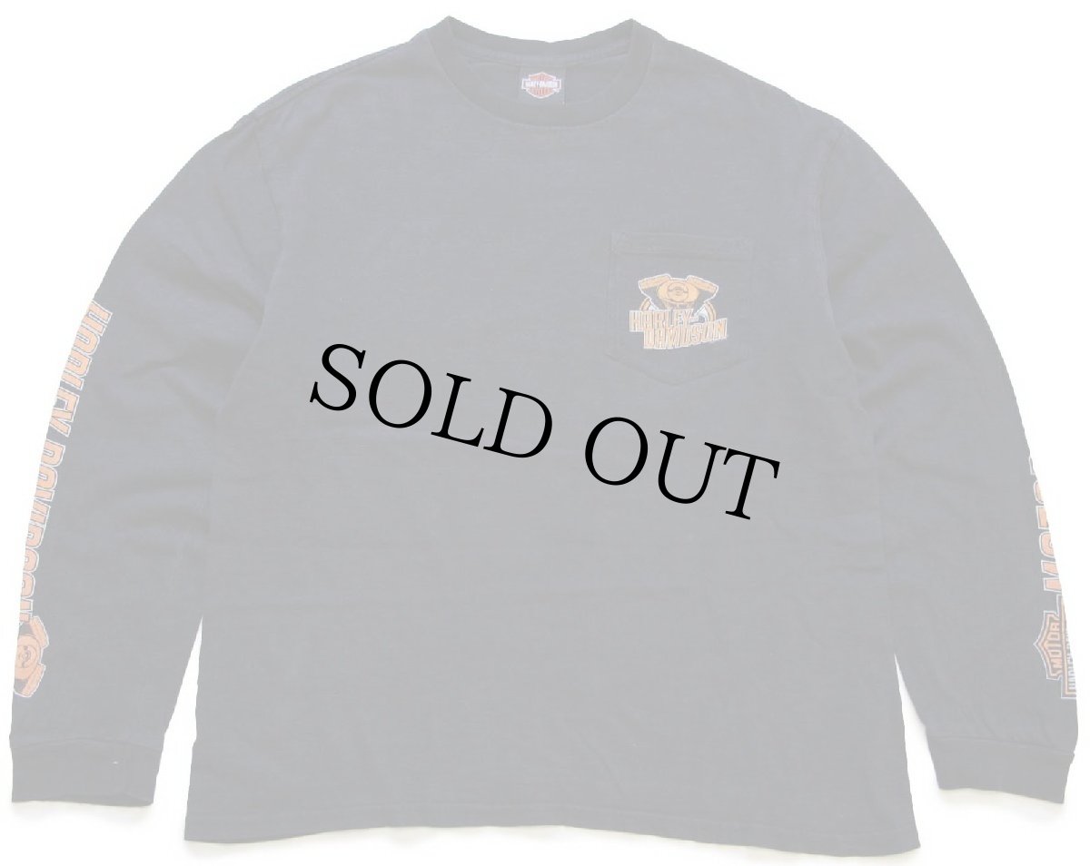 画像2: HARLEY-DAVIDSON MOTORCYCLES ハーレー ダビッドソン エンジン ロゴ BARNETT 両面&袖プリント コットン ポケット付き 長袖Tシャツ 黒 L (2)