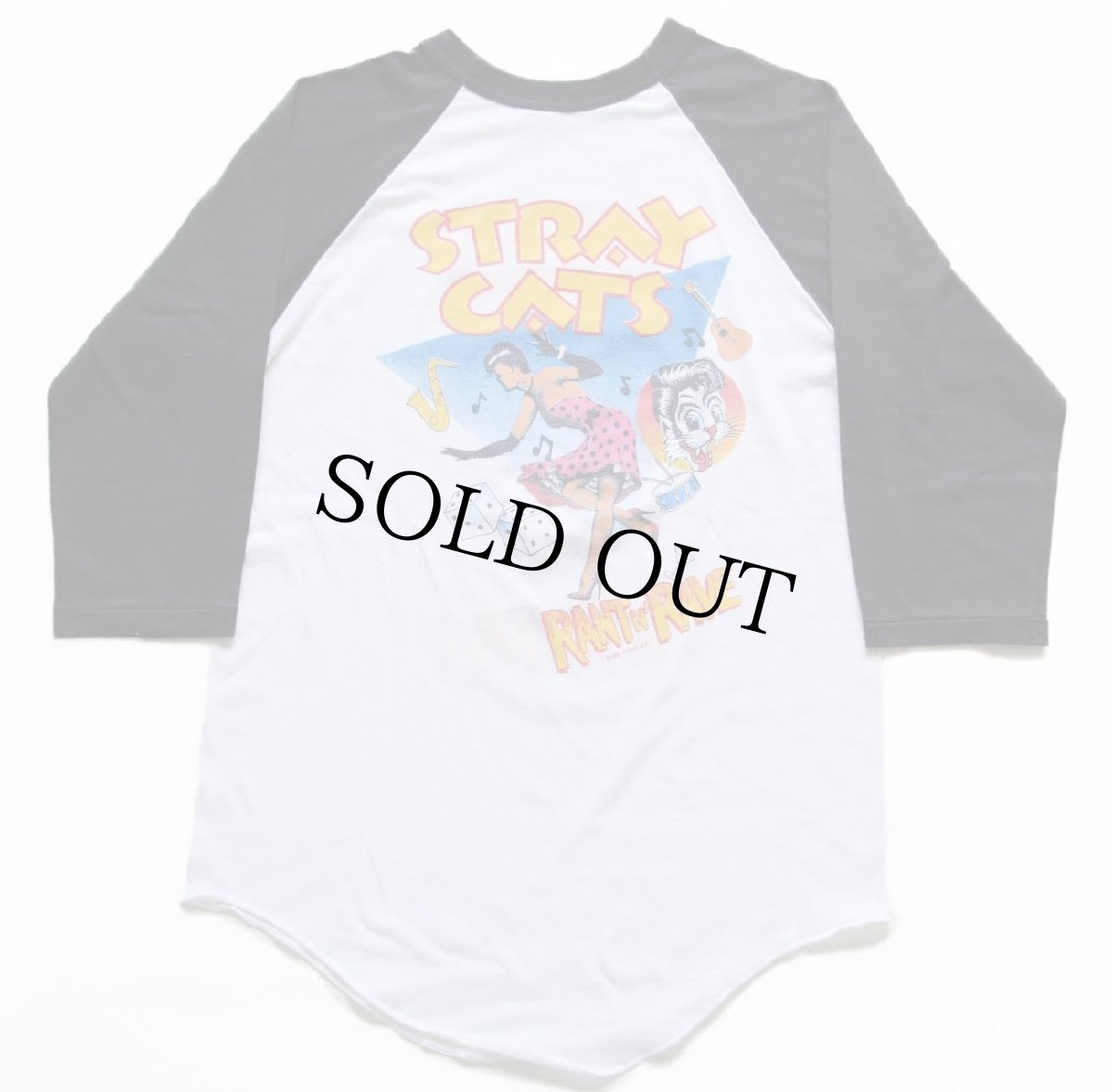 画像1: 80s USA製 STRAY CATS ストレイキャッツ 両面プリント 七分袖 ラグラン バンドTシャツ 白×黒 M (1)