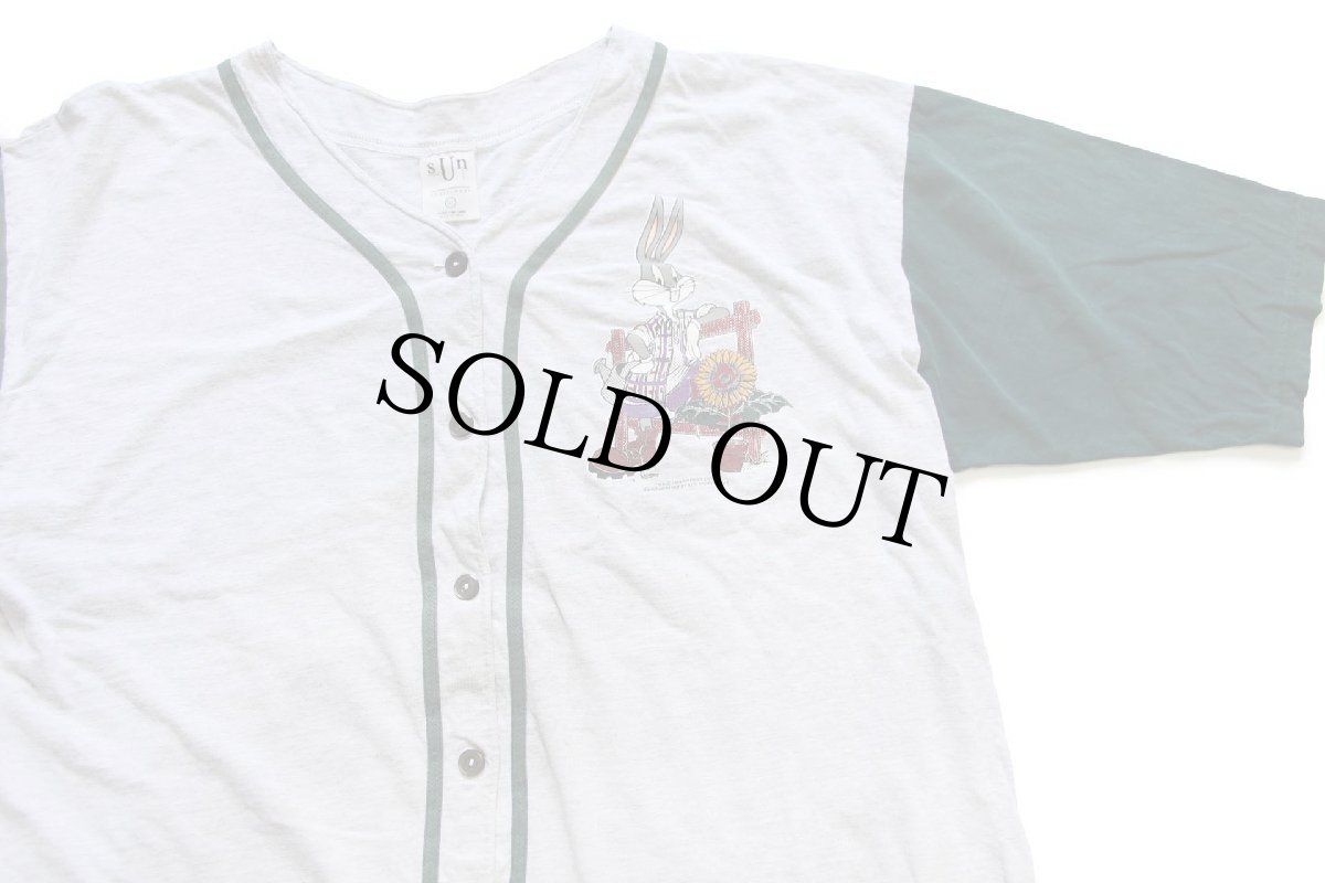 画像3: 90s WARNER BROS LOONEY TUNES バッグスバニー 両面プリント ツートン 切り替え コットン ベースボールシャツ 杢グレー×濃緑 XL (3)