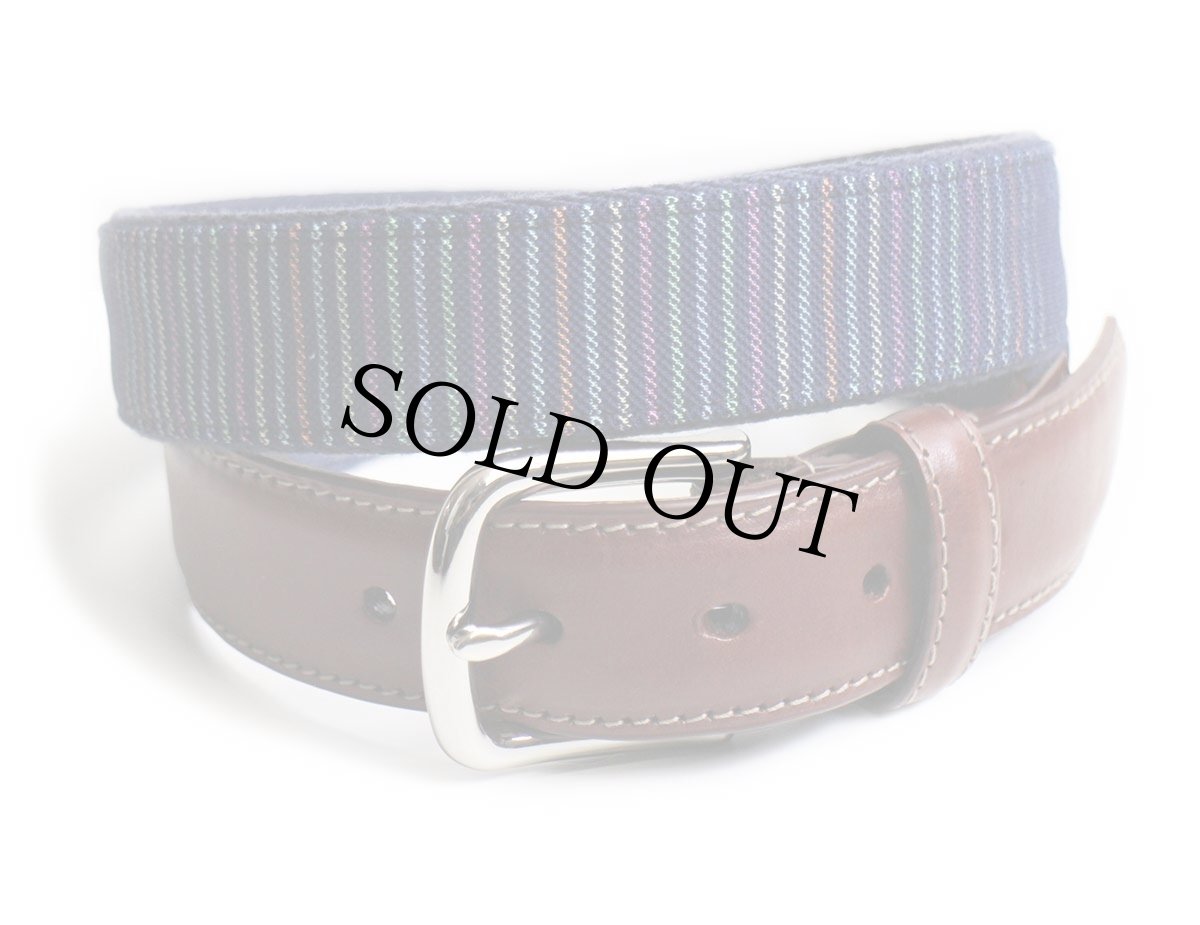 画像1: USA製 Donald Ross 織り柄 マルチストライプ レザー×コットン ベルト ネイビー 34 (1)