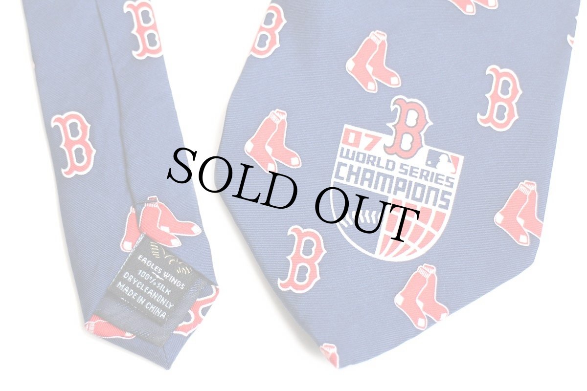 画像5: 00s MLB BOSTON RED SOX 07 WORLD SERIES CAMPIONS ロゴ 総柄 シルク ネクタイ ネイビー (5)