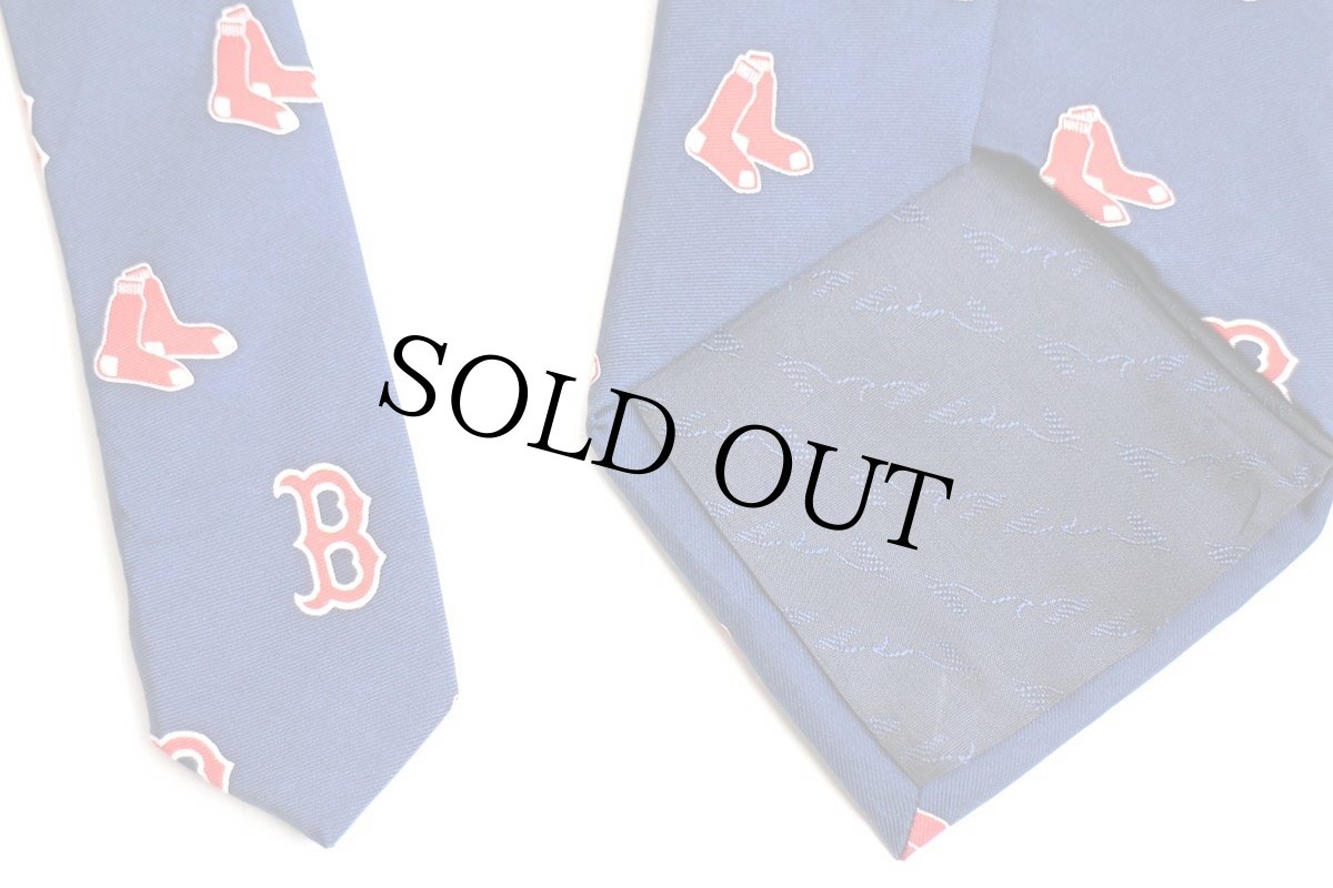 画像6: 00s MLB BOSTON RED SOX 07 WORLD SERIES CAMPIONS ロゴ 総柄 シルク ネクタイ ネイビー (6)