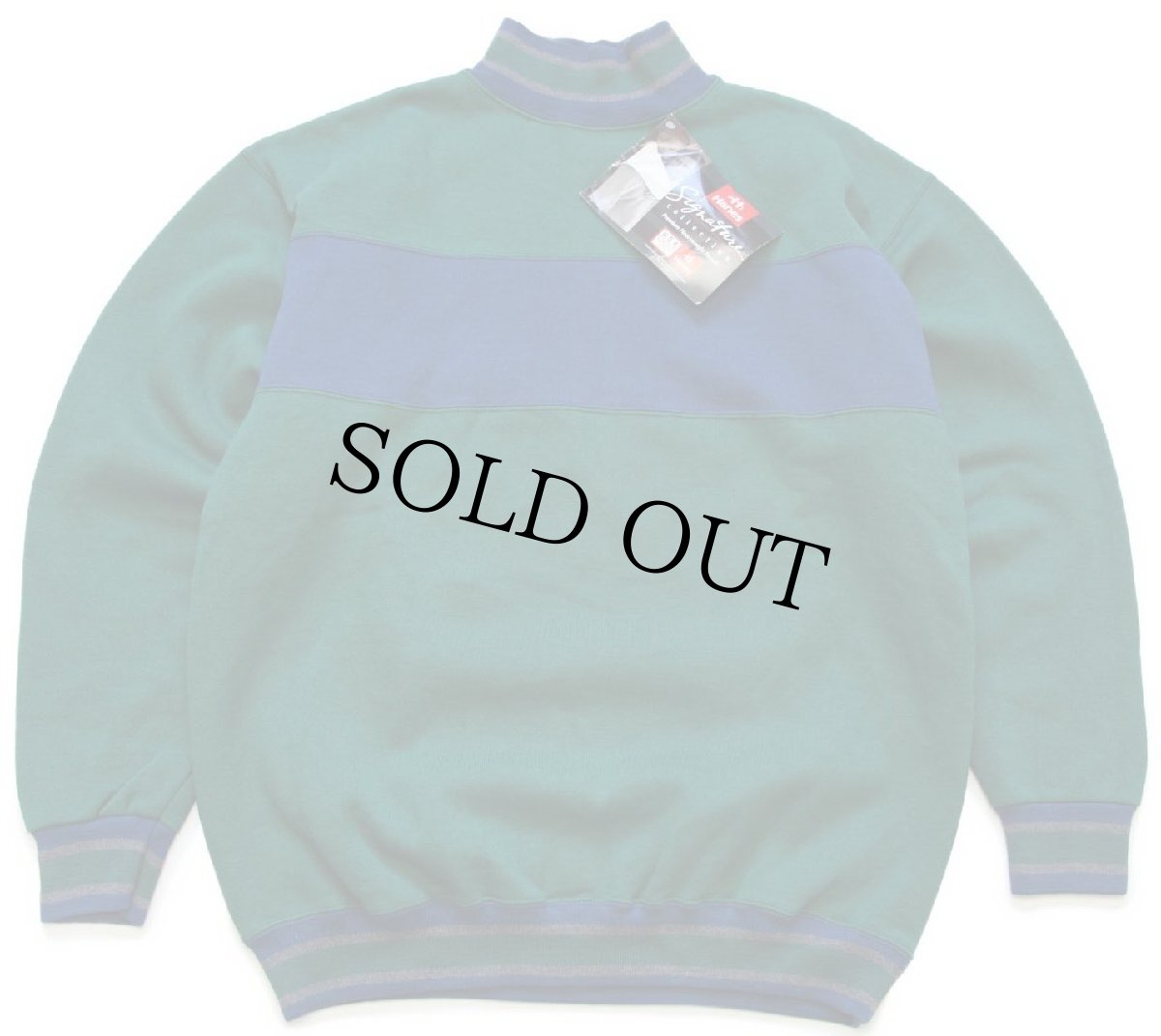 画像2: デッドストック★90s USA製 Hanes Signature ツートン モックネック リブライン スウェット 緑×青 L (2)