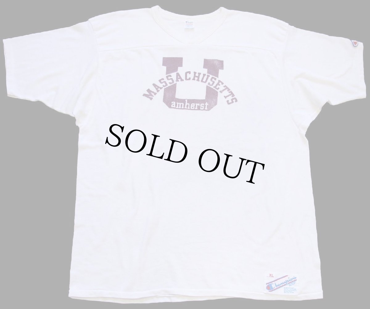 画像1: 80s USA製 Championチャンピオン MASSACHUSETTS Vネック コットン×ナイロン フットボールTシャツ 白 XL (1)