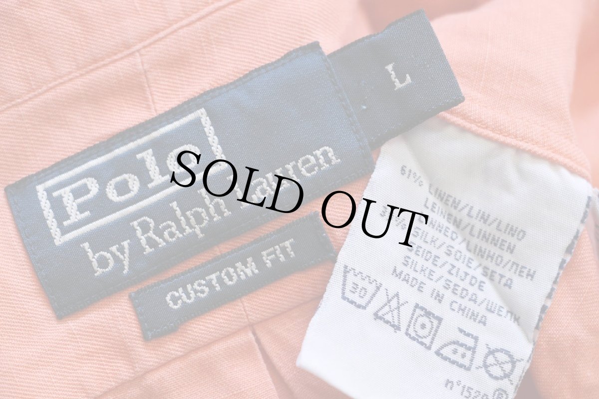 画像4: 00s ポロ ラルフローレン CUSTOM FIT ワンポイント ボタンダウン リネン×シルクシャツ サーモンピンク L (4)