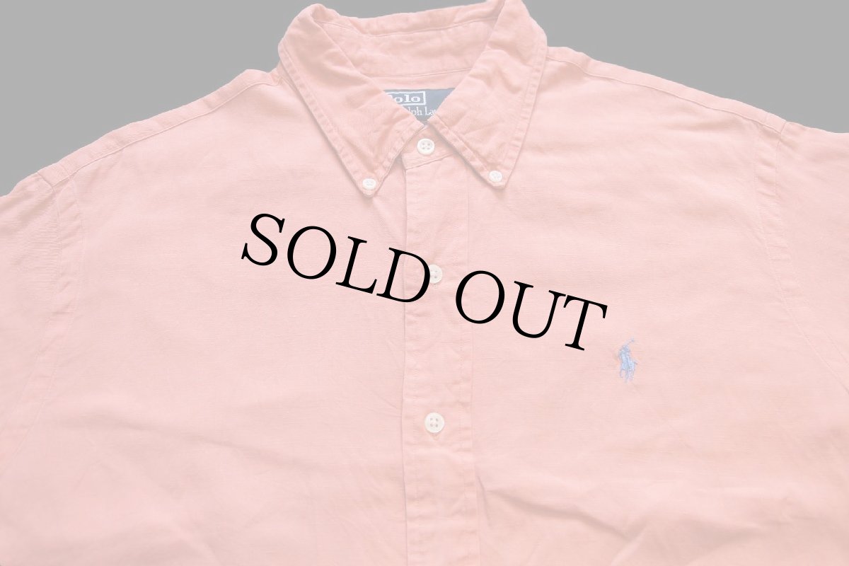 画像3: 00s ポロ ラルフローレン CUSTOM FIT ワンポイント ボタンダウン リネン×シルクシャツ サーモンピンク L (3)