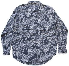 画像2: 80s イタリア製 UNKNOWN アート 総柄 レーヨンシャツ 炭黒 L (2)