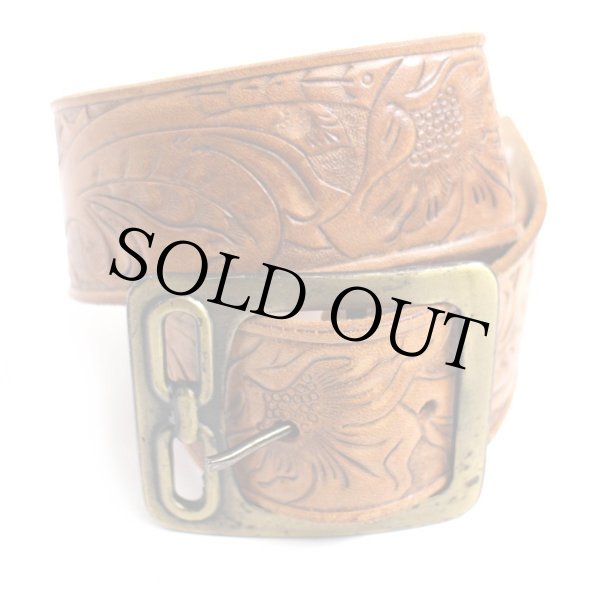 70s フラワー リーフ カービング レザーベルト ブラウン - Sixpacjoe