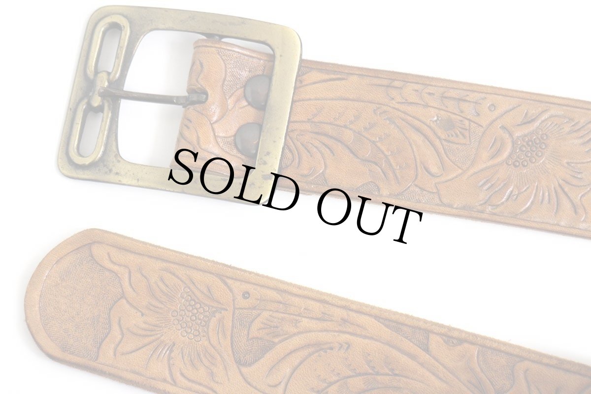 画像2: 70s フラワー リーフ カービング レザーベルト ブラウン (2)