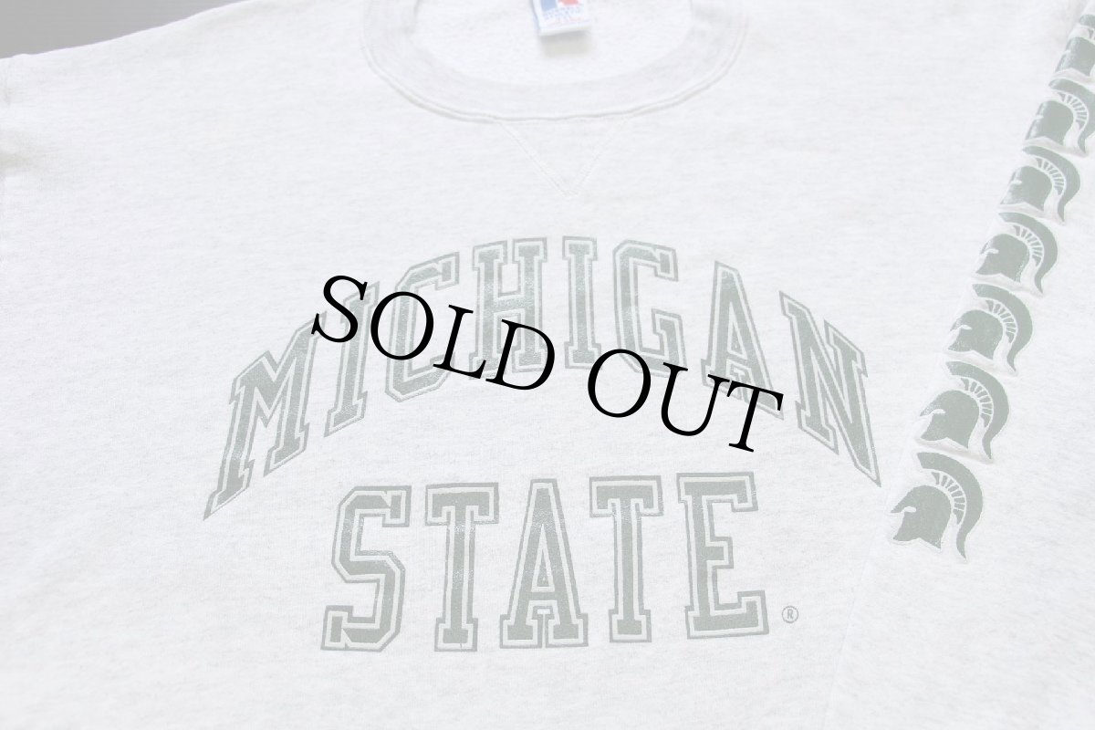 画像3: 90s USA製 RUSSELLラッセル MICHIGAN STATE 胸&袖プリント 前V スウェット 杢ライトグレー XXL★特大 (3)