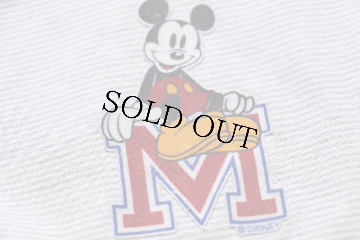 画像4: 90s USA製 Disneyディズニー ミッキー マウス Mフェルトパッチ パチポケ ボーダー スウェット カーディガン 杢グレー×白 L/XL (4)