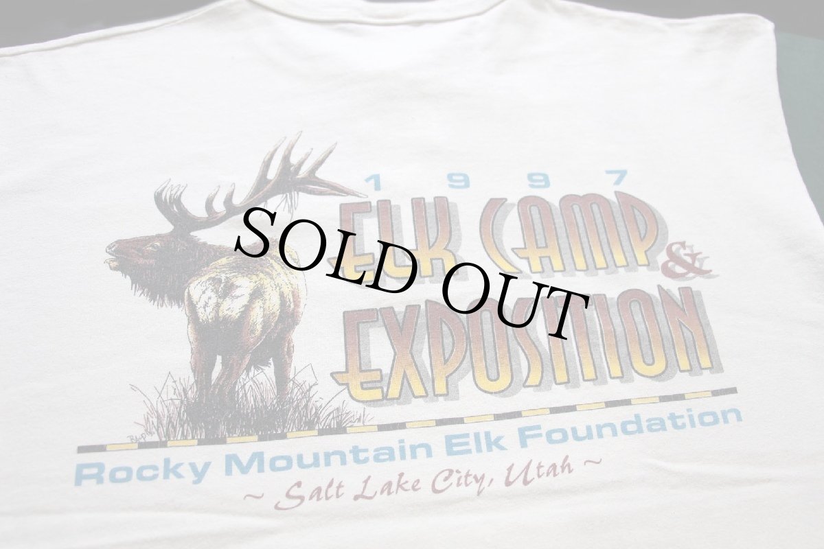 画像4: 90s USA製 ELK CAMP STAFF Rocky Mountain Elk Foundation ツートン ヘンリーネック コットンTシャツ 生成り×緑 XL★国立公園 (4)