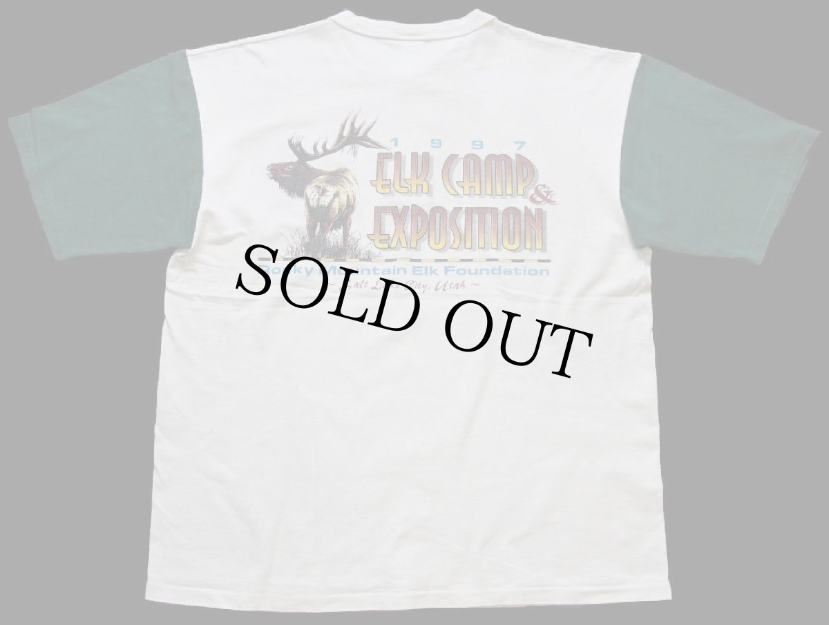 画像3: 90s USA製 ELK CAMP STAFF Rocky Mountain Elk Foundation ツートン ヘンリーネック コットンTシャツ 生成り×緑 XL★国立公園 (3)