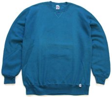 画像1: 90s USA製 RUSSELLラッセル 無地 前V スウェット 青緑 XL★ブランク (1)
