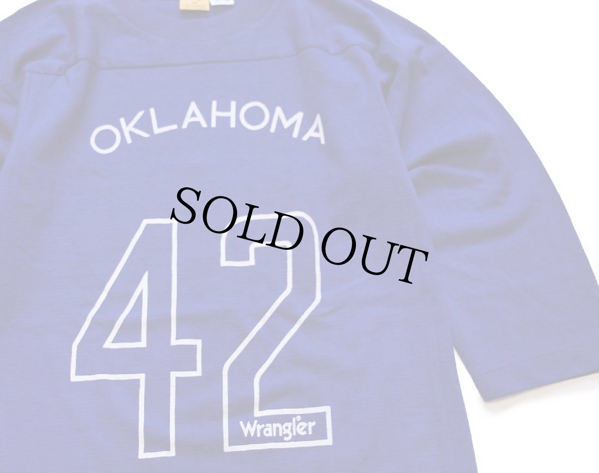 画像3: デッドストック★80s Wranglerラングラー OKLAHOMA 42 ナバリング コットン フットボールTシャツ 青 M (3)