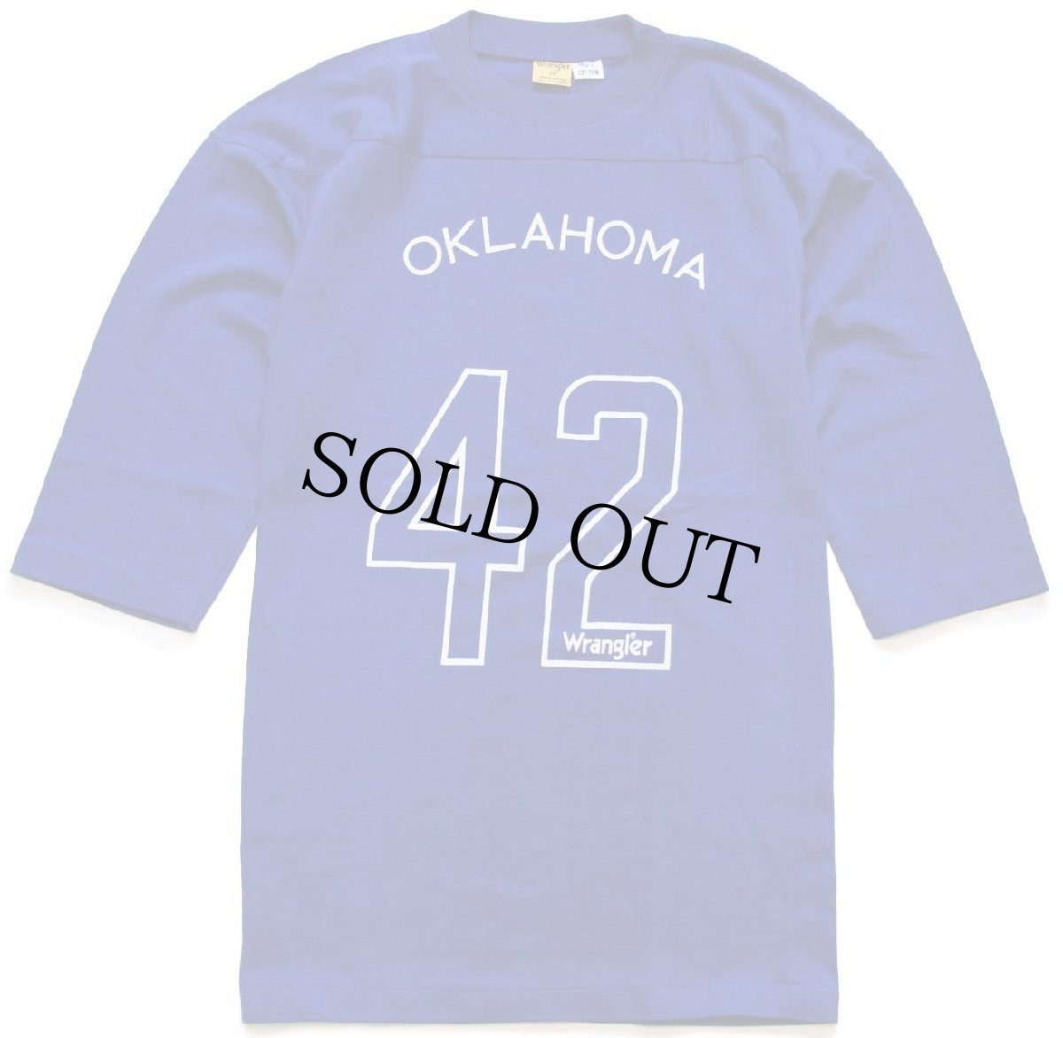 画像1: デッドストック★80s Wranglerラングラー OKLAHOMA 42 ナバリング コットン フットボールTシャツ 青 M (1)