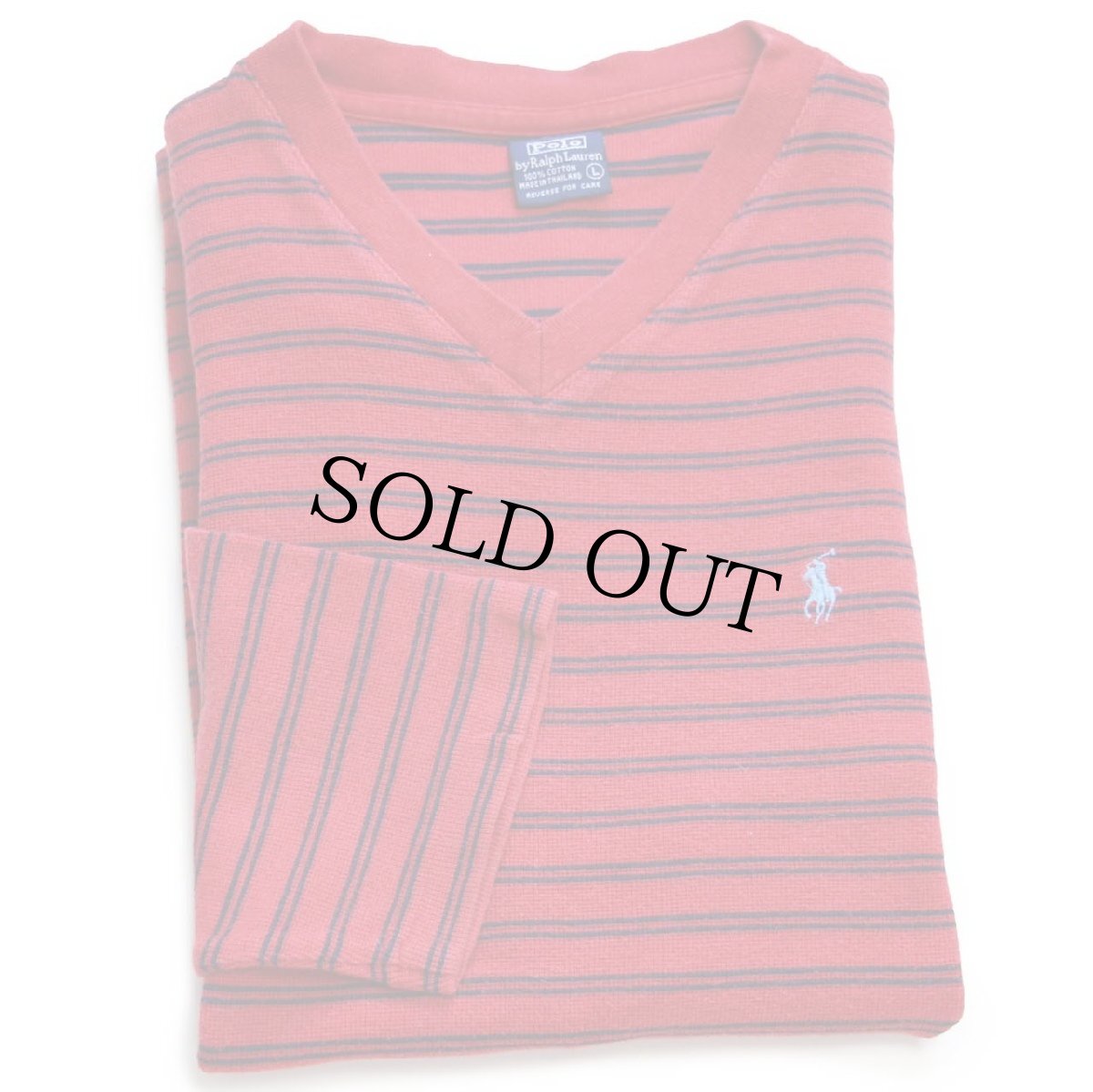 画像1: 90s ポロ ラルフローレン ボーダー Vネック コットン カットソー 赤×紺 ボーイズL (1)