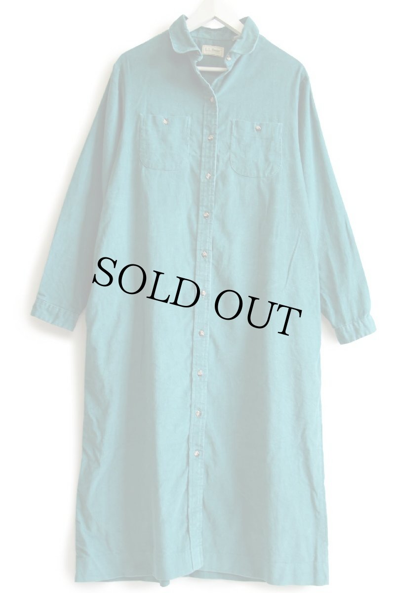 画像2: 80s USA製 L.L.Bean 丸襟 マキシ丈 コーデュロイ シャツワンピース エメラルドグリーン 20 (2)