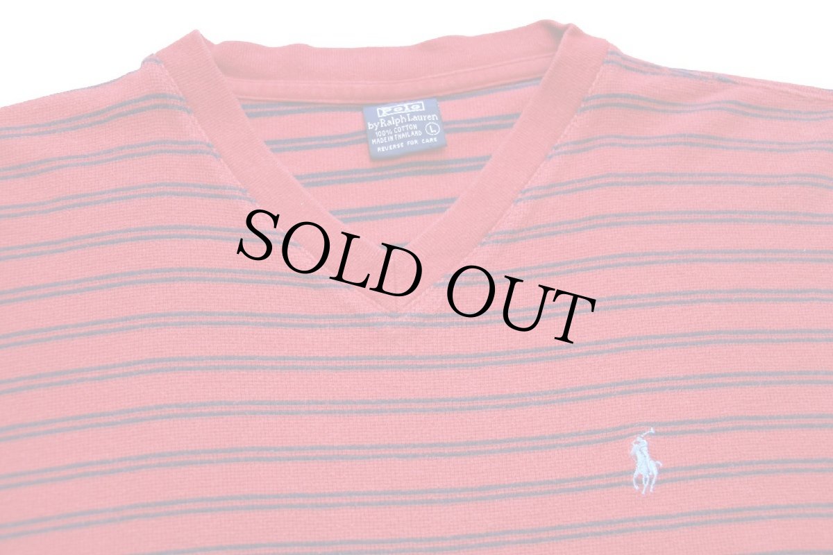 画像4: 90s ポロ ラルフローレン ボーダー Vネック コットン カットソー 赤×紺 ボーイズL (4)