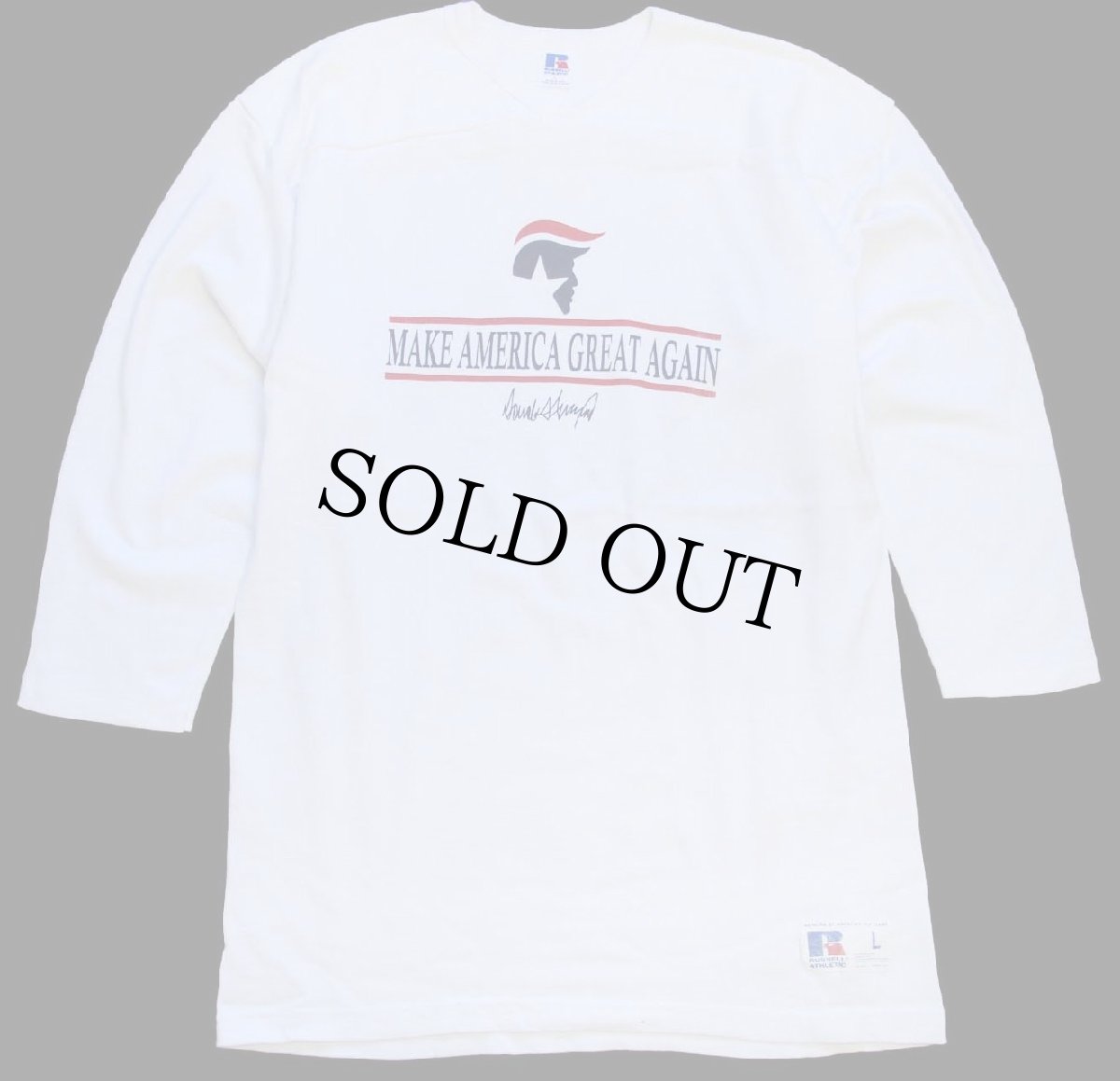 画像1: 80s USA製 RUSSELLラッセル Donald Trumpドナルド トランプ MAKE AMERICA GREAT AGAIN フットボールTシャツ★第45代アメリカ合衆国大統領 (1)