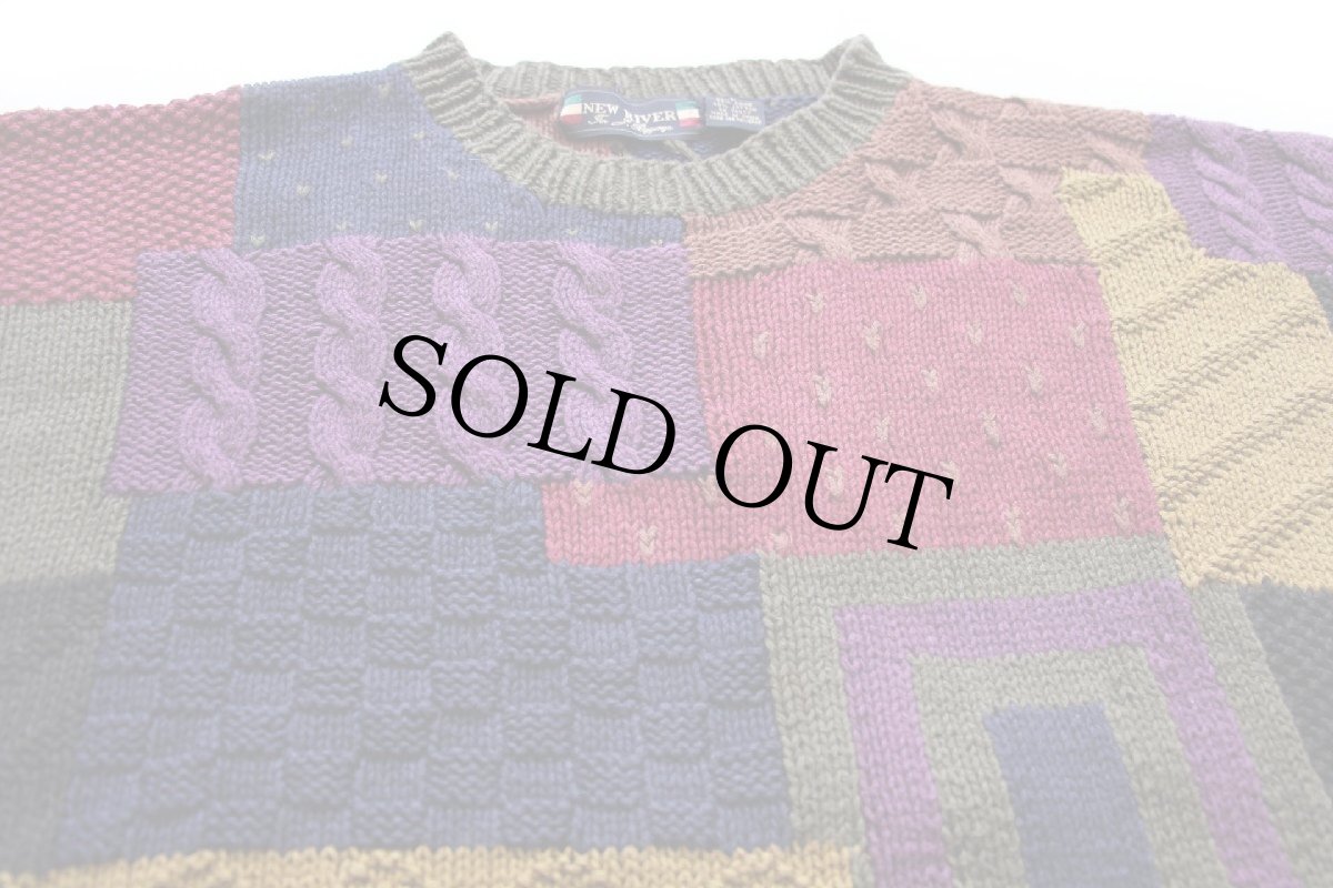 画像3: 00s NEW RIVER ケーブル編み パッチワーク ラミー×コットンニット セーター L (3)