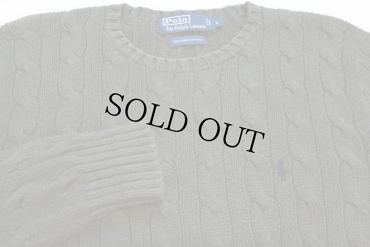 画像3: 00s ポロ ラルフローレン ワンポイント ケーブル編み ピマ コットンニット セーター オリーブ L (3)