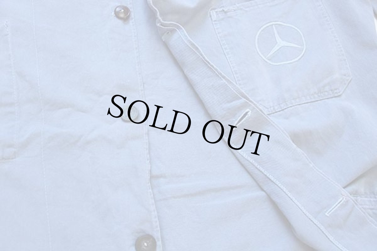 画像5: ビンテージ HJ MERCEDES BENZ メルセデス ベンツ ロゴ刺繍 コットン ワークコート ボロ ブルーグレー 50 (5)