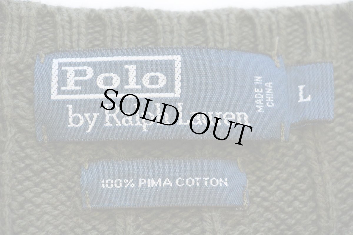 画像4: 00s ポロ ラルフローレン ワンポイント ケーブル編み ピマ コットンニット セーター オリーブ L (4)