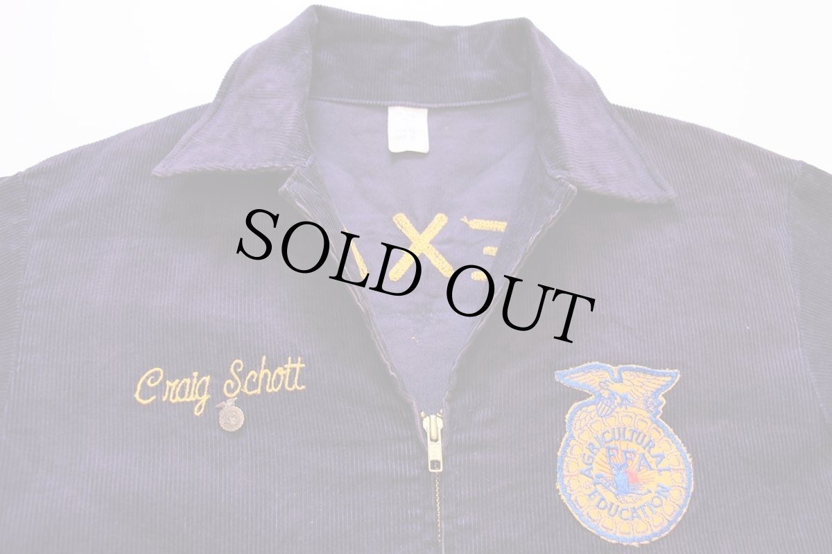 画像4: 80s FFA TEXAS チェーン刺繍&ピンズ&パッチ付き コーデュロイ ファーマーズジャケット ナス紺 40 (4)