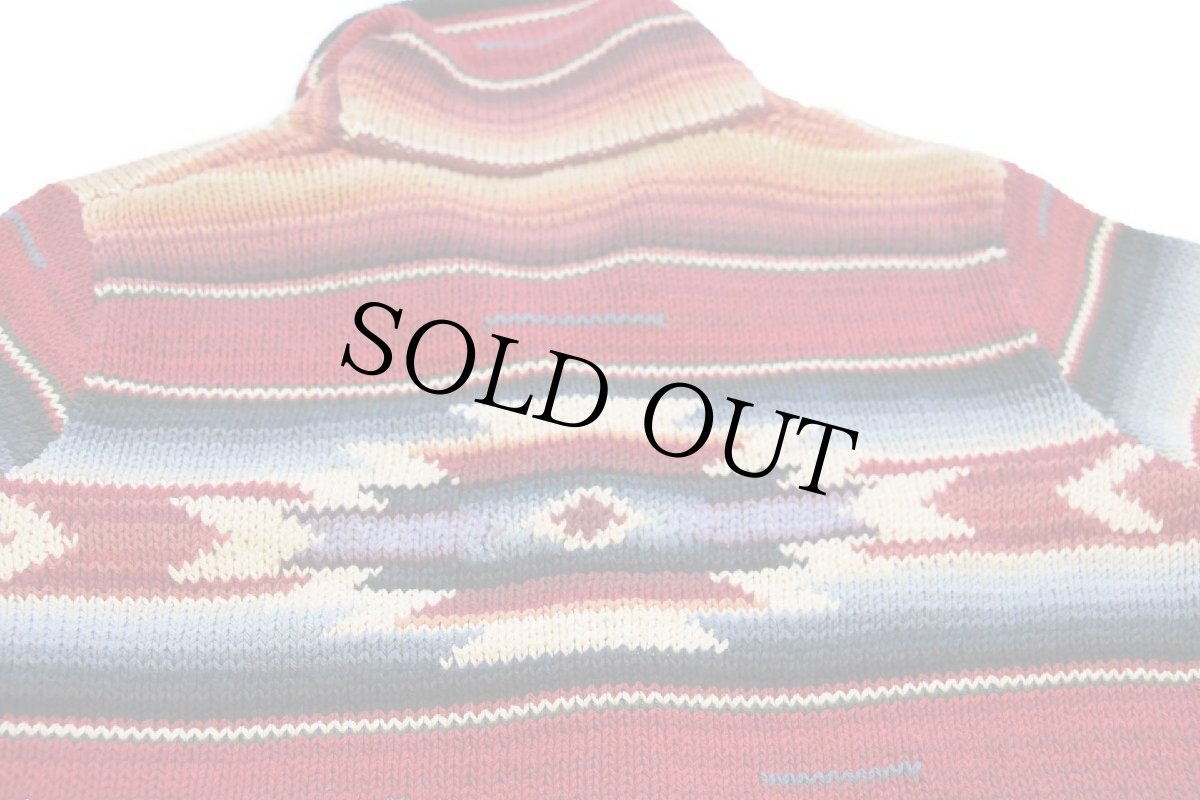 画像4: 00s LAUREN ラルフローレン ネイティブ柄 ショールカラー コンチョボタン コットン ハンドニット カーディガン S (4)