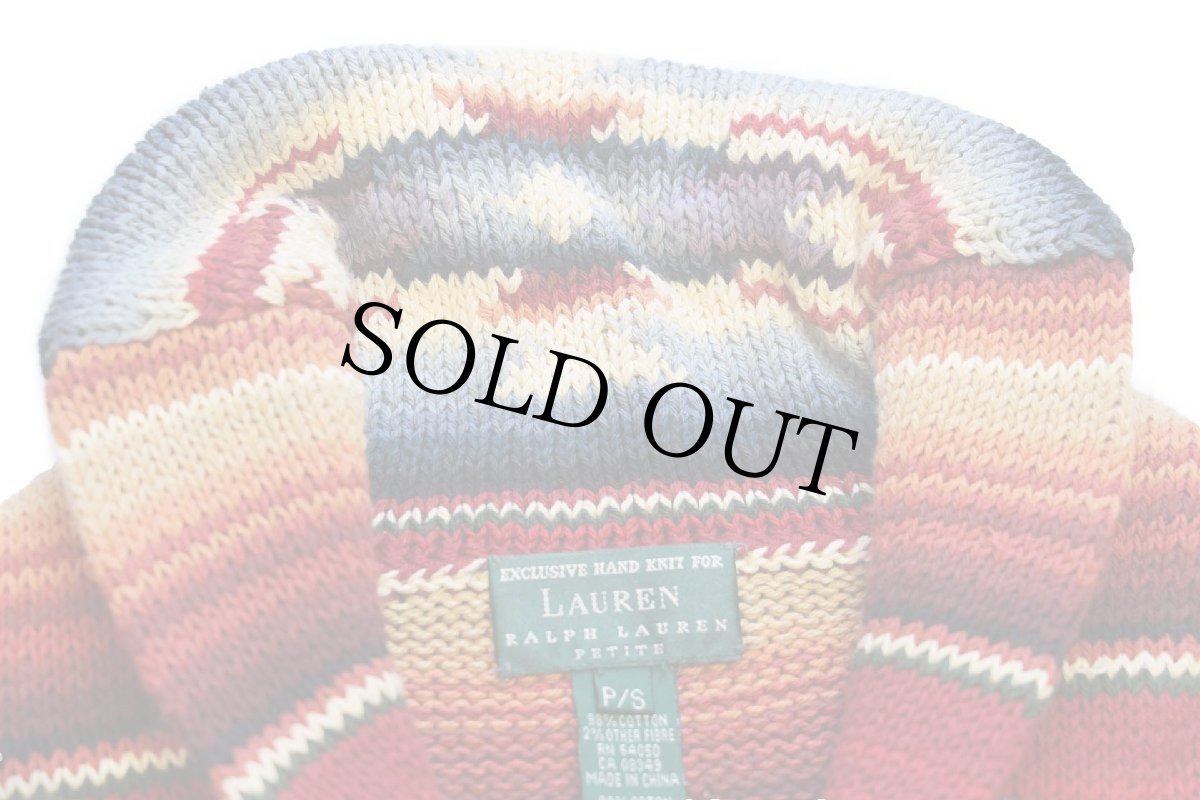 画像6: 00s LAUREN ラルフローレン ネイティブ柄 ショールカラー コンチョボタン コットン ハンドニット カーディガン S (6)