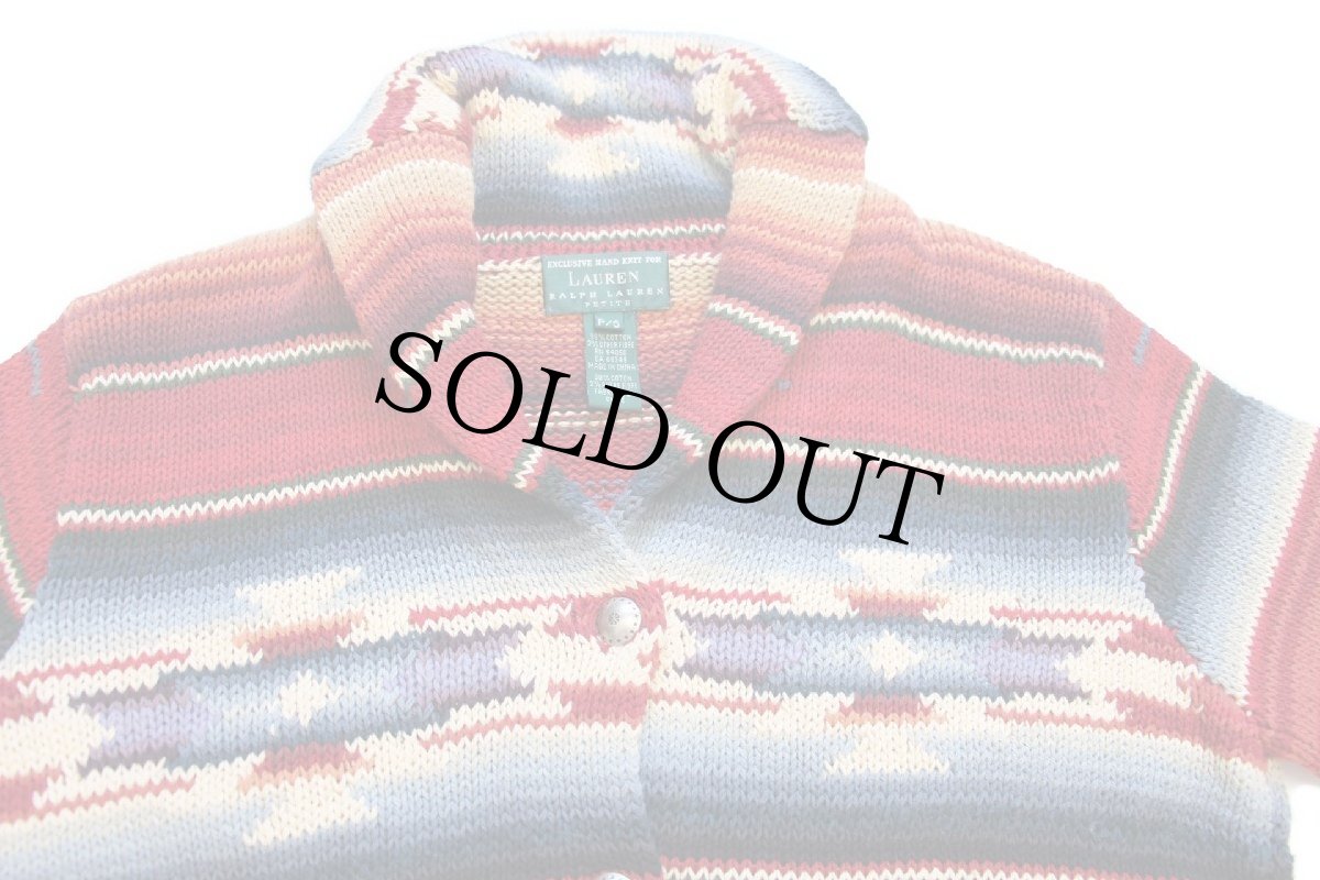 画像3: 00s LAUREN ラルフローレン ネイティブ柄 ショールカラー コンチョボタン コットン ハンドニット カーディガン S (3)