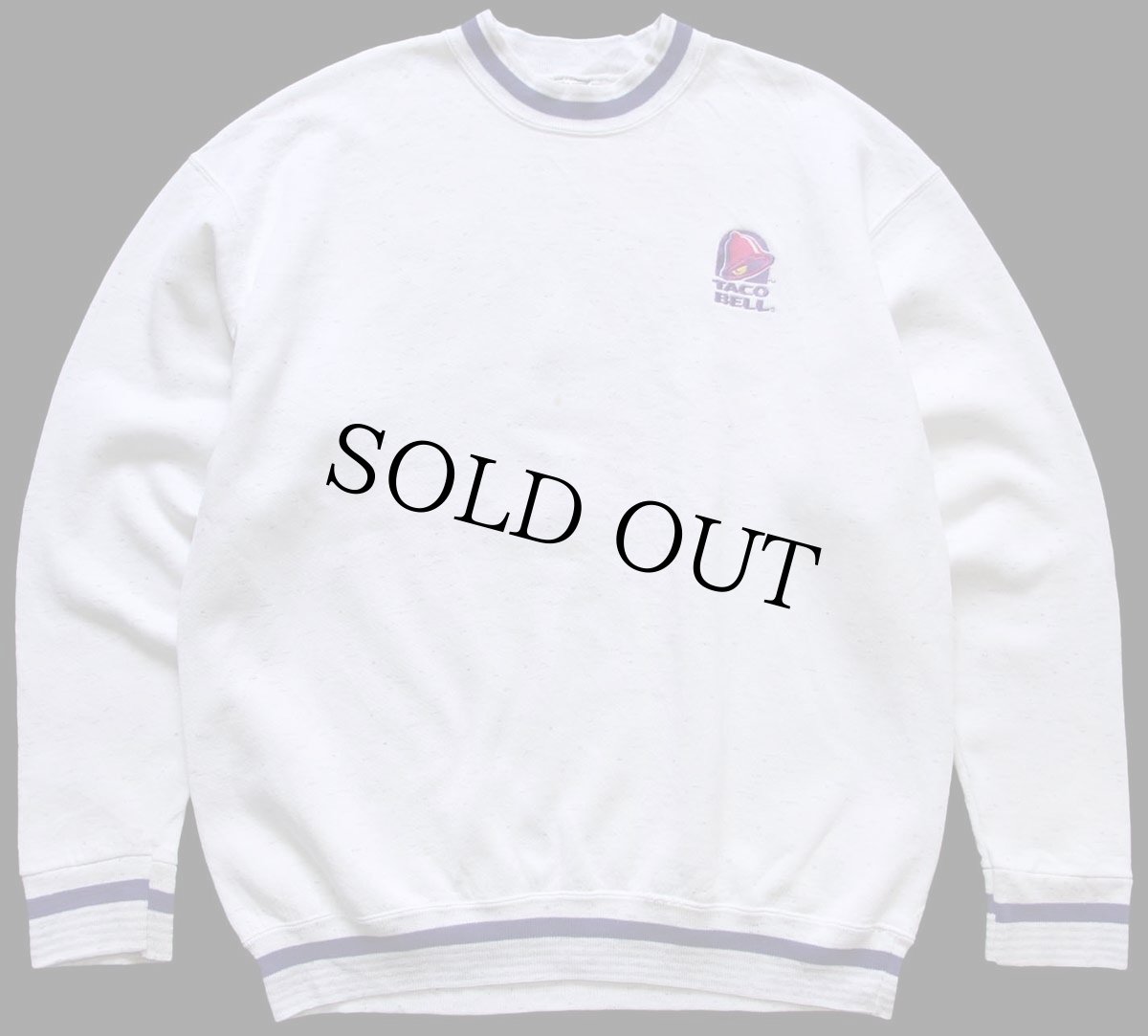 画像1: 90s USA製 TACO BELL タコベル ロゴ刺繍 リブライン スウェット 杢ホワイト XL (1)