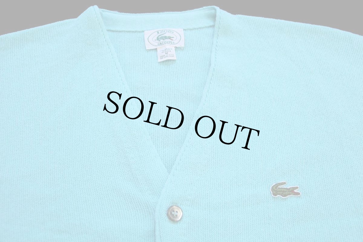 画像3: 80s USA製 IZOD LACOSTE ラコステ ワンポイント パール編み アクリルニット カーディガン 水色 M (3)